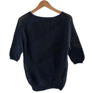 Ann Taylor Navy Blue Crew Neck Sweater with Short Sleeves and Open Weave